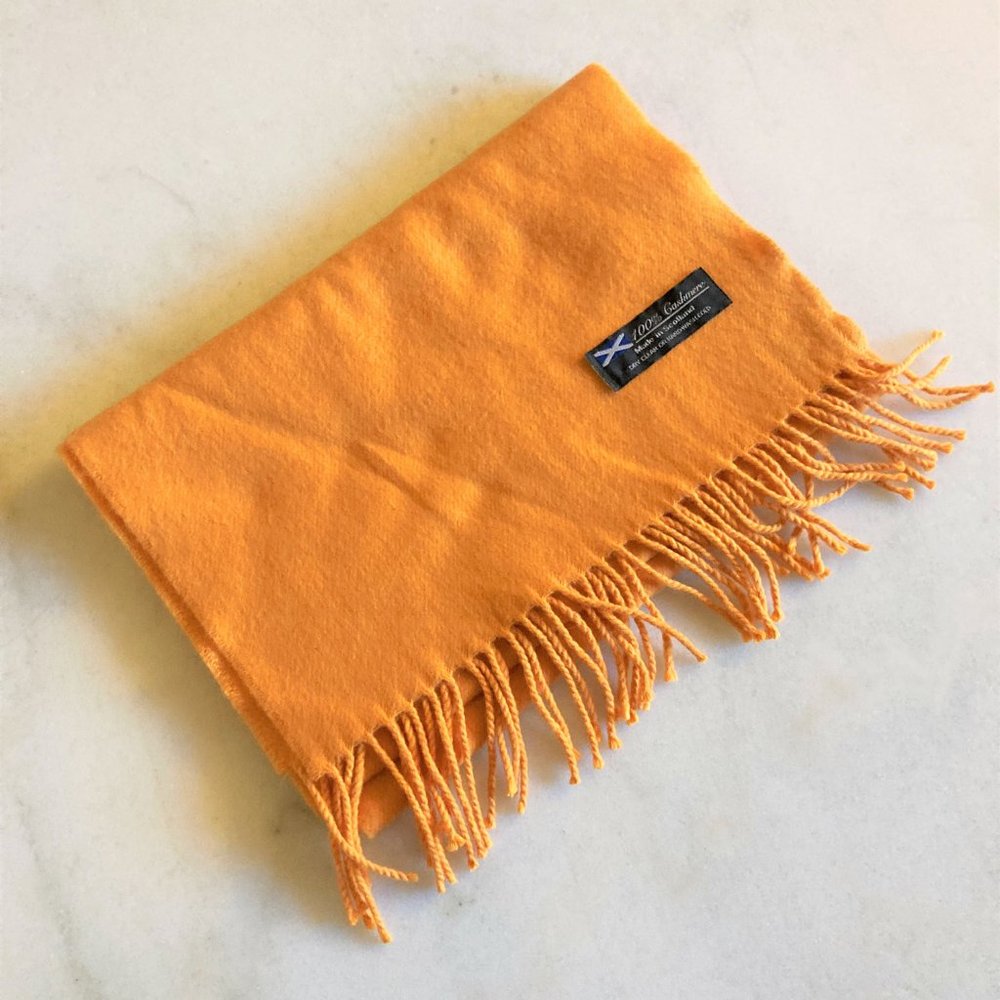 100% Cashmere scarf, made in Scotland. Mustard yellow / golden scarf with fringe